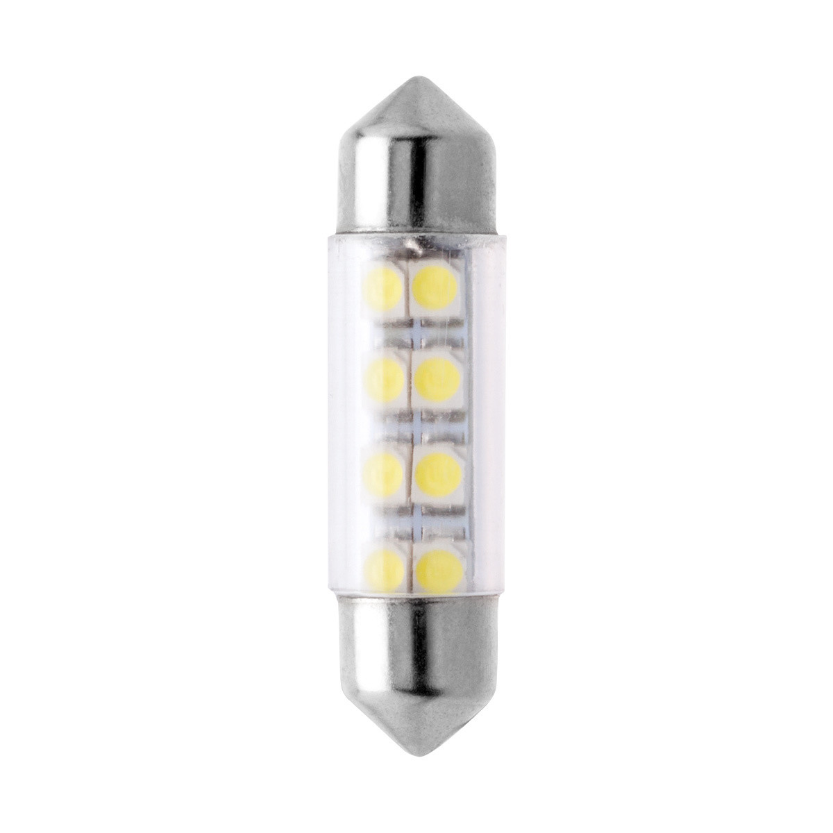 Кликните для увеличения изображения Автолампа светодиодная МАЯК T11 12V (8SMD) WHITE (SV8.5/8) 36/38мм