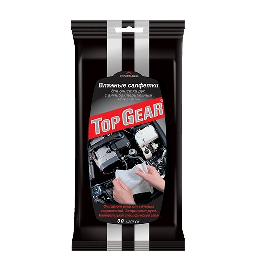 Кликните для увеличения изображения Салфетки влажные TOP GEAR для очистки рук с антибактериальным эффектом (30 шт.)