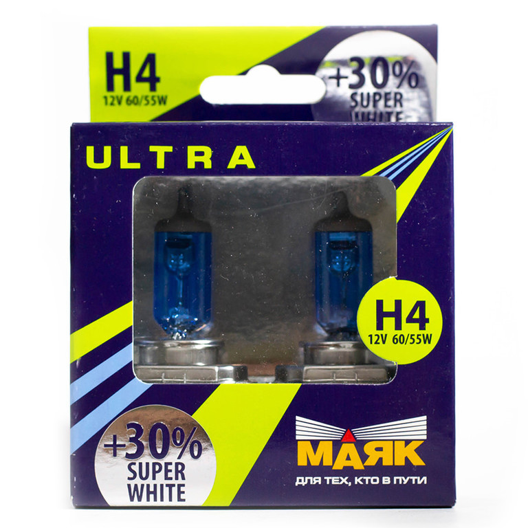 Набор галогенных ламп МАЯК ULTRA H4 12V 60/55W SUPER WHITE +30% (P43t)
