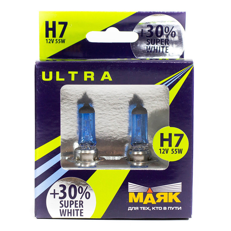 Набор галогенных ламп МАЯК ULTRA H7 12V 55W SUPER WHITE +30% (Px26d)