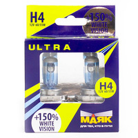 Набор галогенных ламп МАЯК ULTRA H4 12V 60/55W WHITE VISION +150% (P43t)