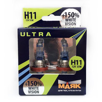 Набор галогенных ламп МАЯК ULTRA H11 12V 55W WHITE VISION +150% (PGJ19-2)
