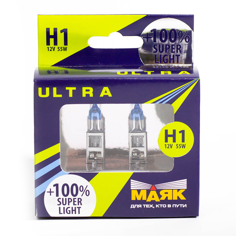 Набор галогенных ламп МАЯК ULTRA H1 12V 55W SUPER LIGHT +100% (P14,5s)